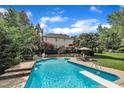 Large backyard pool with diving board, mature trees, deck area, and privacy landscaping at 12412 Mayhurst Pl, Raleigh, NC 27614