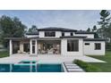 Expansive backyard featuring a modern pool, covered patio, and seamless indoor-outdoor living at 6736 Brixley Crest Ct, Raleigh, NC 27614