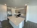 Modern kitchen features gray cabinets, stainless steel appliances and a large island with sink at 369 Thompson Overlook Way, Smithfield, NC 27577