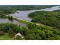 Picturesque aerial view of the property near a bridge and lake surrounded by lush greenery at 394 Flanagan Rd, Henderson, NC 27537
