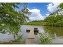 Wooden dock on calm water with tree-lined shore and a clear blue sky at 394 Flanagan Rd, Henderson, NC 27537