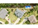 Aerial view showcasing a property's layout with a pool, expansive backyard, patio, and surrounding neighborhood at 626 Toledo Ct, Rolesville, NC 27571
