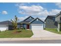 Attractive single-story home with blue siding, a two-car garage and well-maintained lawn in a suburban neighborhood at 265 Purple Aster St, Youngsville, NC 27596