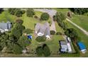 Aerial view showcasing the home's layout, pool, large yard, and surrounding greenery at 2813 Greenridge View Ln, Zebulon, NC 27597