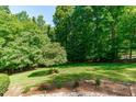 Lush backyard featuring a well-maintained lawn, mature trees, and landscape, offering privacy and natural beauty at 105 Greenbriar Ct, Chapel Hill, NC 27516