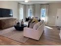 Bright living room featuring a modern sofa, patterned rug, media console, and ample natural light at 85 Osgood Street, Angier, NC 27501