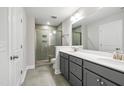 Modern bathroom with double vanity, gray cabinets, and a glass-enclosed shower at 555 Forestville Rd, Wake Forest, NC 27587