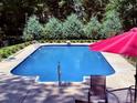Sparkling in-ground pool surrounded by a concrete deck and privacy landscaping at 120 W Front St, Oxford, NC 27565