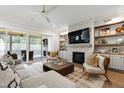 Inviting living room with a stone fireplace, hardwood floors and natural light with access to outdoor patio at 7304 Wexford Woods Ln, Wake Forest, NC 27587