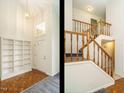 Bright foyer featuring a staircase, bookshelf and a blend of hardwood and carpet flooring at 108 S Drawbridge Ln, Cary, NC 27513