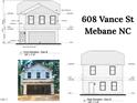 Front elevation drawing for home featuring two stories, front-facing garage, and a clean design at 608 Vance St, Mebane, NC 27302