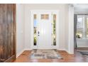 Bright foyer featuring hardwood floors and a stylish front door with sidelights for plenty of light at 1502 Spring Overlook Ln, Hillsborough, NC 27278