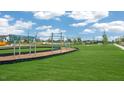 Community playground featuring blue metal structures set on a lush green lawn, perfect for outdoor activities and recreation at 553 Lemon Daisy Ln, Knightdale, NC 27545