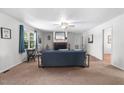 Cozy living room with fireplace, carpet, and large window at 1308 Tyson Loop Rd, Spring Hope, NC 27882
