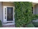 Close-up of a black front door framed by white sidelights and lush greenery at 20 Ingate Way, Louisburg, NC 27549