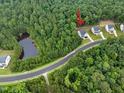 Beautiful aerial view of the home nestled among trees with a pond nearby at 720 The Parks Dr, Pittsboro, NC 27312