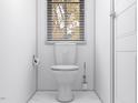 Minimalist powder room with white toilet, marble floors, and window with blindsl at 17 Runneymede Pl, Smithfield, NC 27577