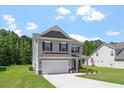 Charming two-story home showcasing gray siding, black shutters, and a well-manicured lawn on a sunny day at 534 Lionheart Ln, Sanford, NC 27330