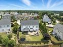 Aerial view of a spacious backyard with a patio, trampoline, and lush landscaping, perfect for outdoor living at 5716 Sarcelle St, Holly Springs, NC 27540