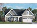 New home exterior with gray siding, two-car garage, and landscaping at 42 Peach Orchard (Lot 2) Ln, Lillington, NC 27546