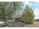 Landscaped front yard with mature trees and shrubs partially obscure a beige home with a dark pergola covered front porch at 31 Laurel Dr, Spring Lake, NC 28390