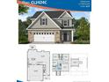 Rendering of a two-story home showcasing stone and gray siding, an attached two-car garage, and a well-designed floorplan at 265 Harborwood St, Lillington, NC 27546