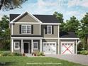 Rendering of a two-story home with a front porch and two-car garage, surrounded by lush landscaping at 205 Regis Ln, Coats, NC 27521
