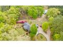 Aerial view of a home surrounded by lush trees showcasing a serene, private setting at 9301 Nc 27, Lillington, NC 27546