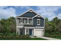 New construction home with blue and grey siding, shutters, and a covered front entryway at 142 Horse Trot Ln, Sanford, NC 27332