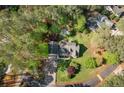 Overhead view of a brick home nestled among mature trees with a well-manicured lawn and nearby neighborhood at 8042 Royal Dr, Sanford, NC 27332