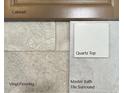 Bathroom design materials featuring a cabinet, vinyl flooring, quartz top, and tile surround at 279 Harborwood St, Lillington, NC 27546
