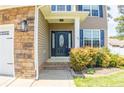 Close-up of a stylish front door, with stone accents, a well-kept garden bed, and exterior lighting at 37 Annapolis Rd, Cameron, NC 28326