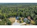 An aerial view captures a charming home with a long driveway and lush greenery surrounding the property at 140 Chinkapin Oak Cir, Bunnlevel, NC 28323