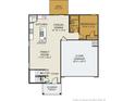 First-floor floor plan features a kitchen, Gathering room, dining area, 1 bedroom, 1 bathroom and 2-car garage at 232 Greenbay Street, Lillington, NC 27546