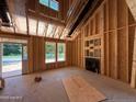 Bright living room featuring wood framing, fireplace, and sliding glass doors to outdoors at 235 Atkins Rd, Cameron, NC 28326