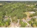 Expansive aerial view showcasing a home in a serene, heavily wooded setting with nearby houses and open fields at 6138 St Andrews Dr, Sanford, NC 27332