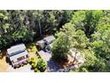 Aerial view showcasing a charming home with verdant surroundings, mature trees, and a private driveway at 397 Back Bay, Sanford, NC 27332