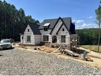 New construction exterior showing a large home with black roof, architectural details, and a wooded lot at 37 Green Turtle Ln, Pittsboro, NC 27312