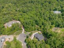 Expansive aerial view of a luxury home nestled in a lush, green, wooded lot at 222 Kenwood Ln, Pittsboro, NC 27312