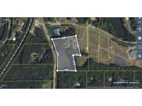 Aerial view of a property with boundaries outlined and surrounding wooded area and pond at 1917 New Hill Olive Chapel Rd, New Hill, NC 27562