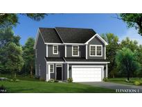 Two-story home with gray siding, white trim, and a two-car garage under a blue sky at 539 Winding Creek Dr, Lillington, NC 27546