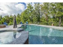 Relaxing in-ground pool with ample seating and an umbrella for shade, perfect for enjoying summer days at 133 Synandra Ln, Holly Springs, NC 27540
