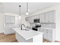 Modern kitchen with gray cabinets, white countertops, and stainless steel appliances at 420 Oak Park Blvd, Youngsville, NC 27596