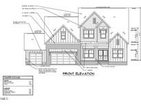 Detailed front elevation showing brick, vertical siding, and an attached two car garage at 4332 Coldwater Springs Dr, Raleigh, NC 27616
