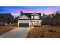 Two-story house with neutral siding, brown garage door, and landscaping at 55 Basil Ct, Franklinton, NC 27525