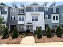 Charming new townhome exterior with colorful facade, dormer windows, and landscaped front yard at 207 Pond View Ct # 3, Fuquay Varina, NC 27526