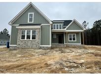 Beautiful new construction with olive siding, grey brick facade, and a covered front porch at 136 Bar Code Ct, Wendell, NC 27591