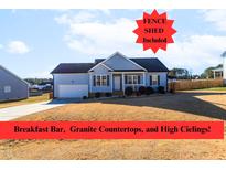 One-story home with gray siding, a two-car garage, and a grassy yard at 58 Northview Dr, Middlesex, NC 27557