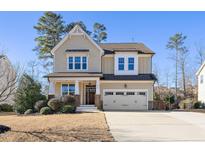 Two-story house with beige siding, a large driveway, and landscaping at 4538 Brighton Ridge Dr, Apex, NC 27539