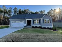 Newly constructed home with gray siding, two-car garage, and landscaped lawn at 289 Magnolia Run Way, Benson, NC 27504